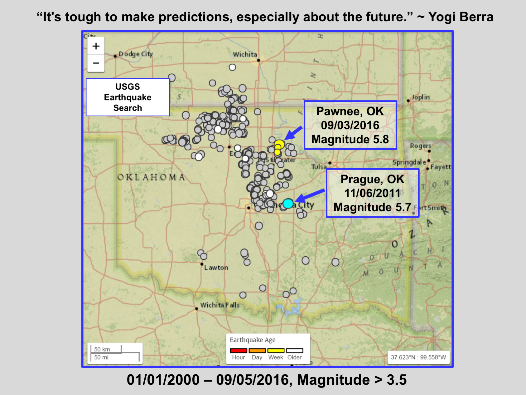 Seismicity surrounding two large quakes in OK.